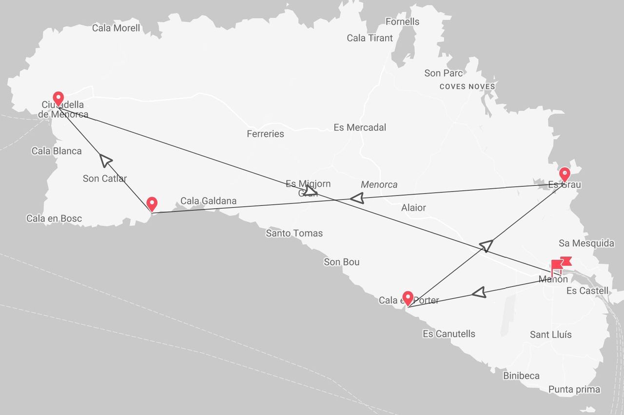 A map of Menorca showing a travel itinerary with stops at Ciutadella de Menorca, Cala Galdana, Cala en Porter, Mahón, and Es Grau.