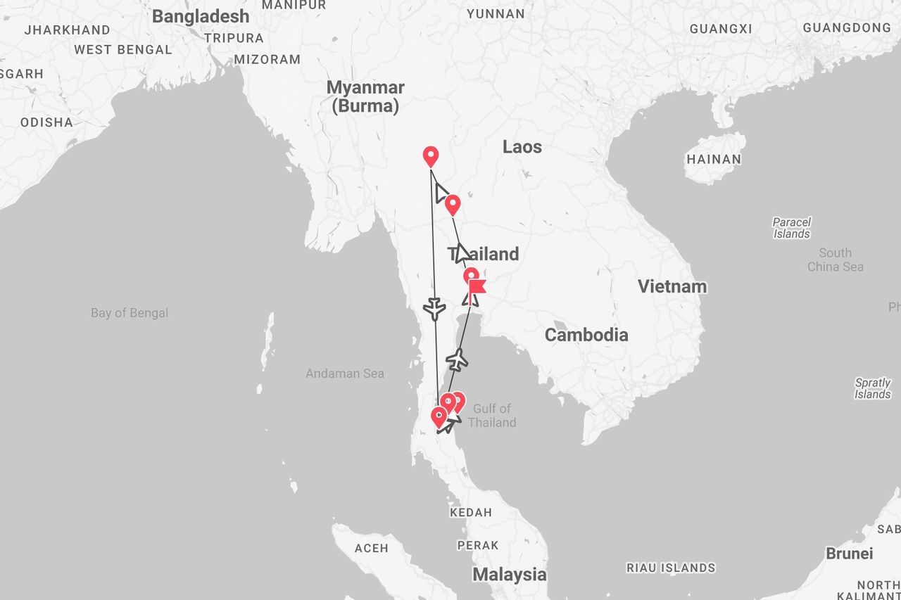 Una mappa del Sud-est asiatico che mostra un itinerario di viaggio attraverso la Thailandia, dalla regione settentrionale fino alle isole meridionali.