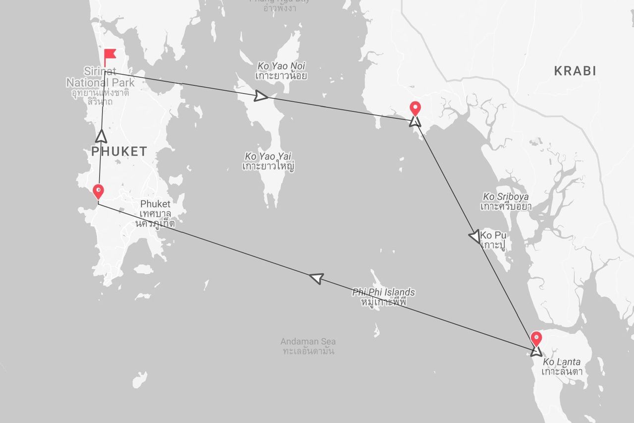 Mappa del sud della Thailandia con un itinerario di viaggio da Phuket attraverso Ko Yao Noi, le Isole Phi Phi, fino a Ko Lanta, vicino a Krabi.
