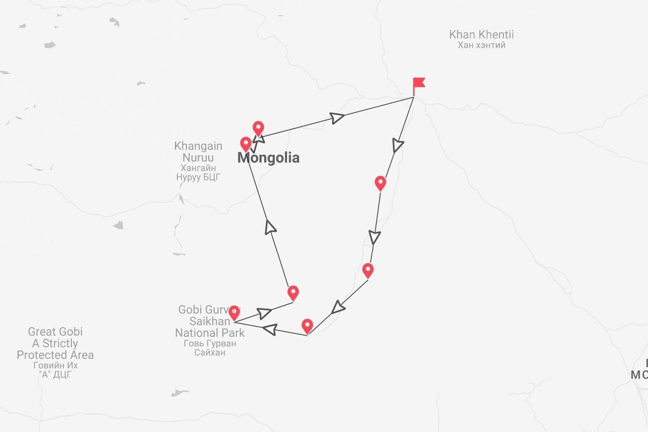 Eine Karte der Mongolei mit einer Reiseroute durch Khangain Nuruu und den Gobi-Gurwan-Saichan-Nationalpark.