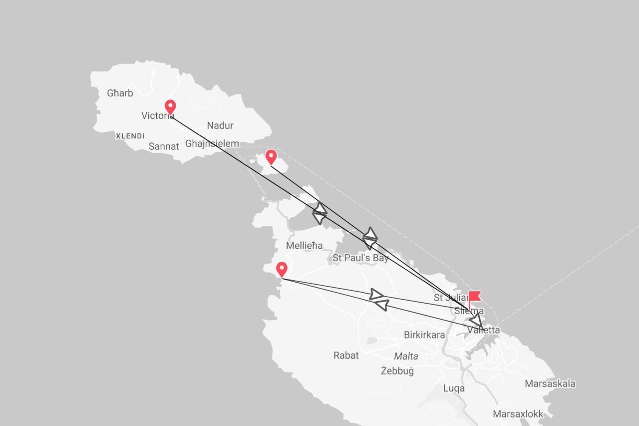 Mappa di un itinerario di viaggio attraverso le isole di Malta e Gozo, con tappe fondamentali tra cui Sliema e Victoria.