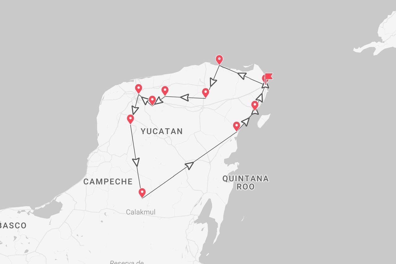 Carte d'itinéraire pour un circuit dans la péninsule du Yucatán au Mexique, avec des étapes au Yucatán, Campeche et Quintana Roo.