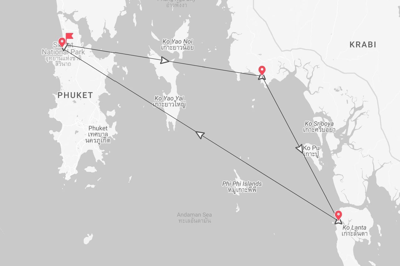 Eine Karte einer Reiseroute in Thailand, die einen Weg von Phuket über Krabi zur Insel Ko Lanta zeigt.