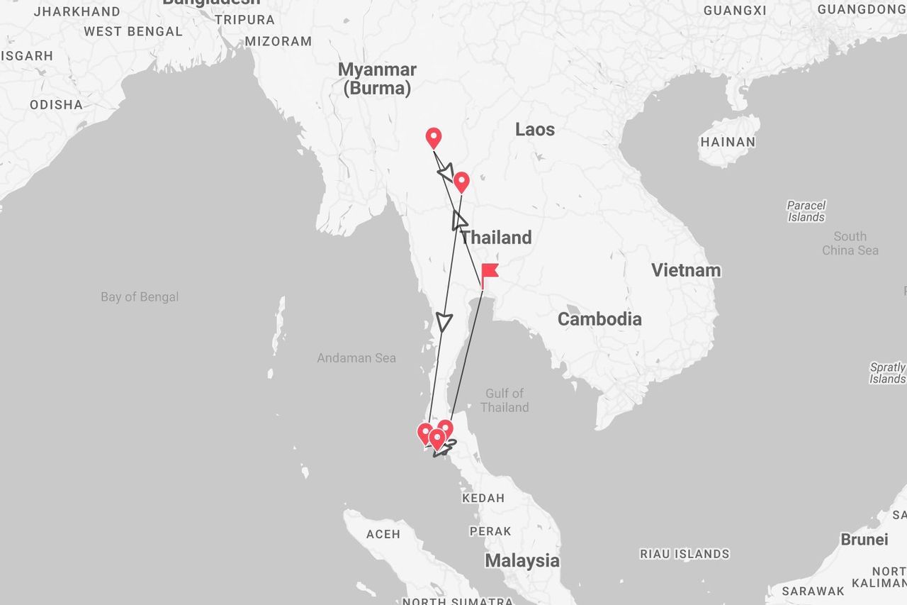 Una mappa che illustra un itinerario di viaggio in Thailandia, con un percorso tracciato dal nord fino alla costa meridionale.