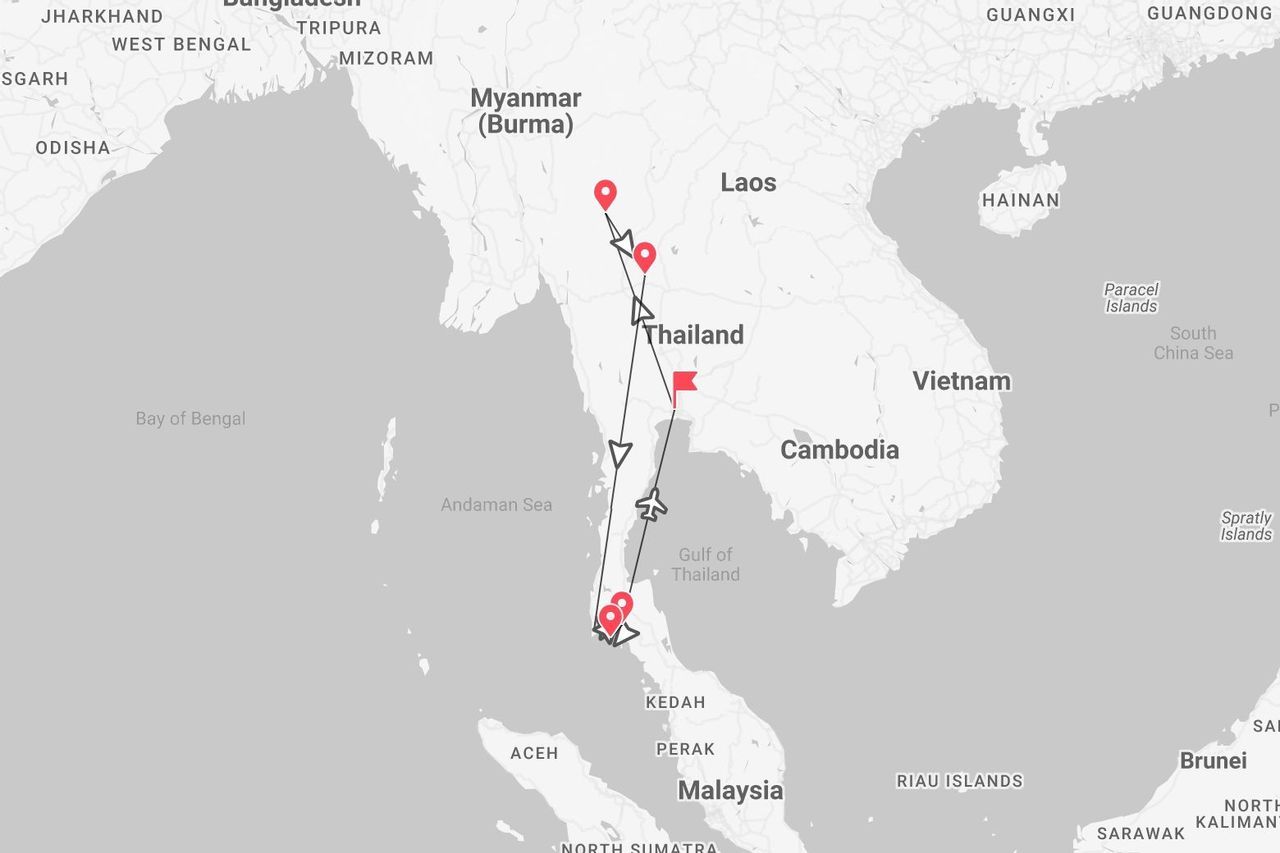 Un mapa que muestra un itinerario de viaje por Tailandia, comenzando en el norte cerca de Myanmar y terminando en las islas del sur cerca de Malasia.