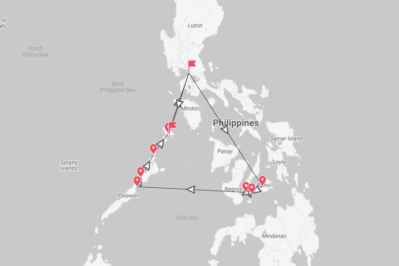 Una mappa delle Filippine che mostra un itinerario di viaggio a percorso triangolare che collega le isole di Luzon, Palawan e Negros.