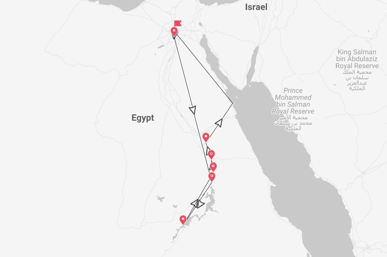 Una mappa che mostra un itinerario turistico attraverso l'Egitto, partendo dal nord vicino a Israele e viaggiando verso sud prima di tornare.