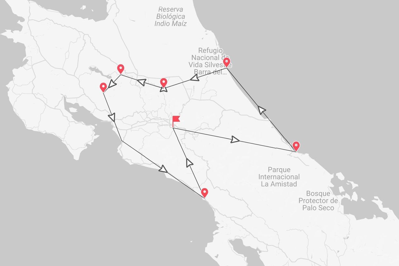 Un mapa de Costa Rica que muestra una ruta de viaje con paradas en varios parques nacionales y reservas biológicas.