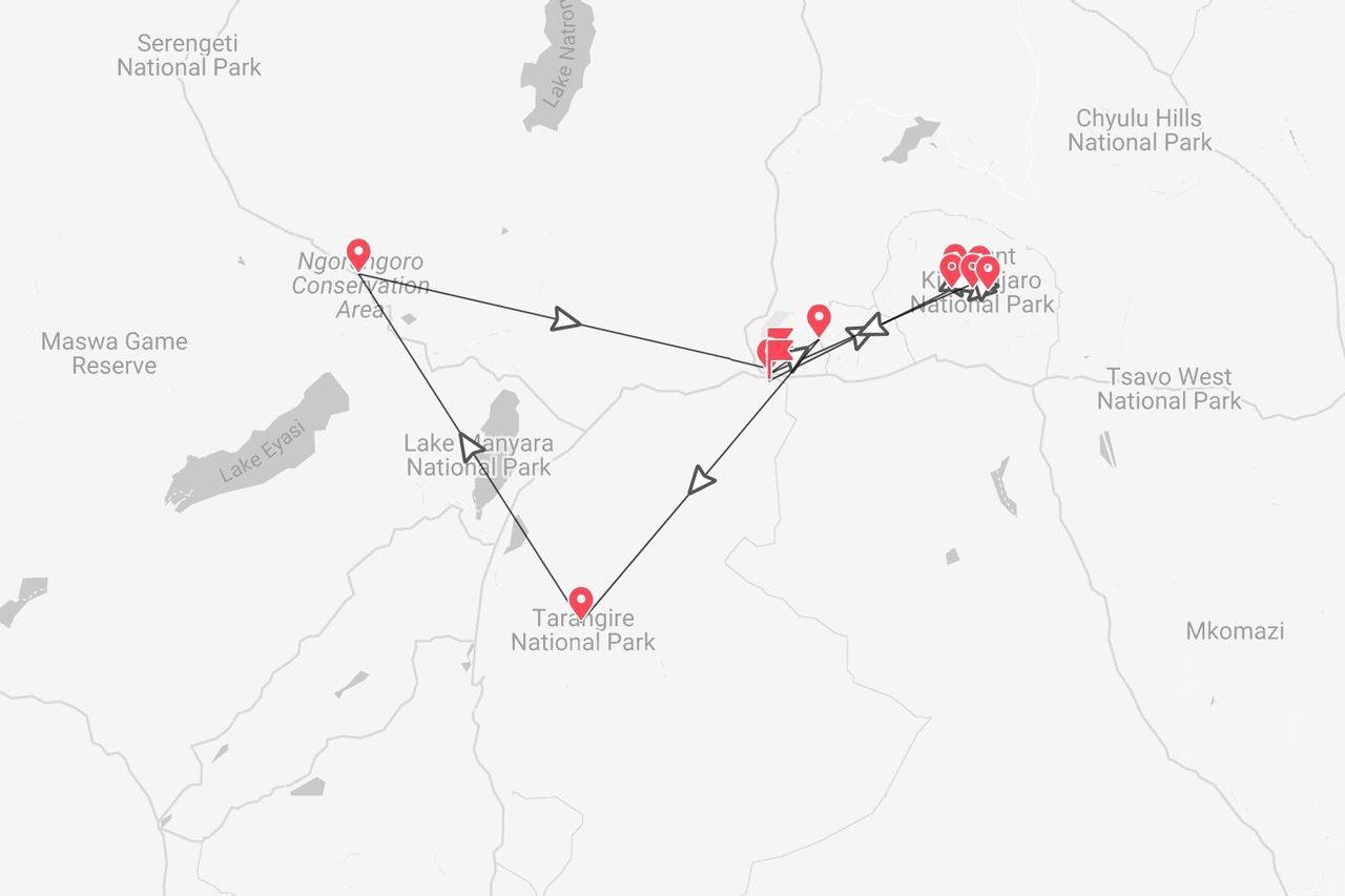 A map showing a tour route through Tanzania's national parks, including Tarangire, Ngorongoro, and Kilimanjaro.