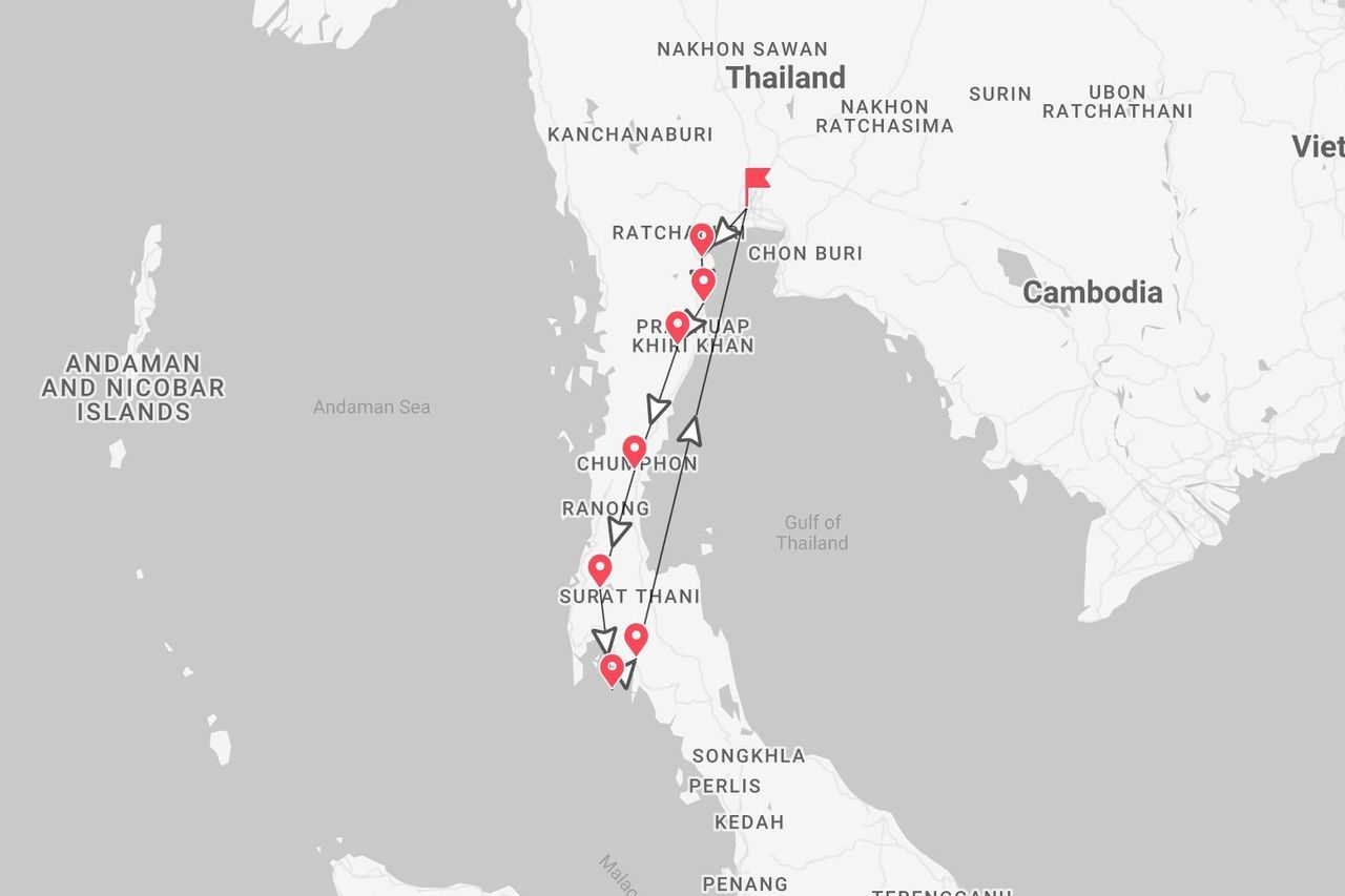Mapa de un itinerario de viaje por Tailandia, desde Chon Buri hacia el sur por la costa, pasando Surat Thani.