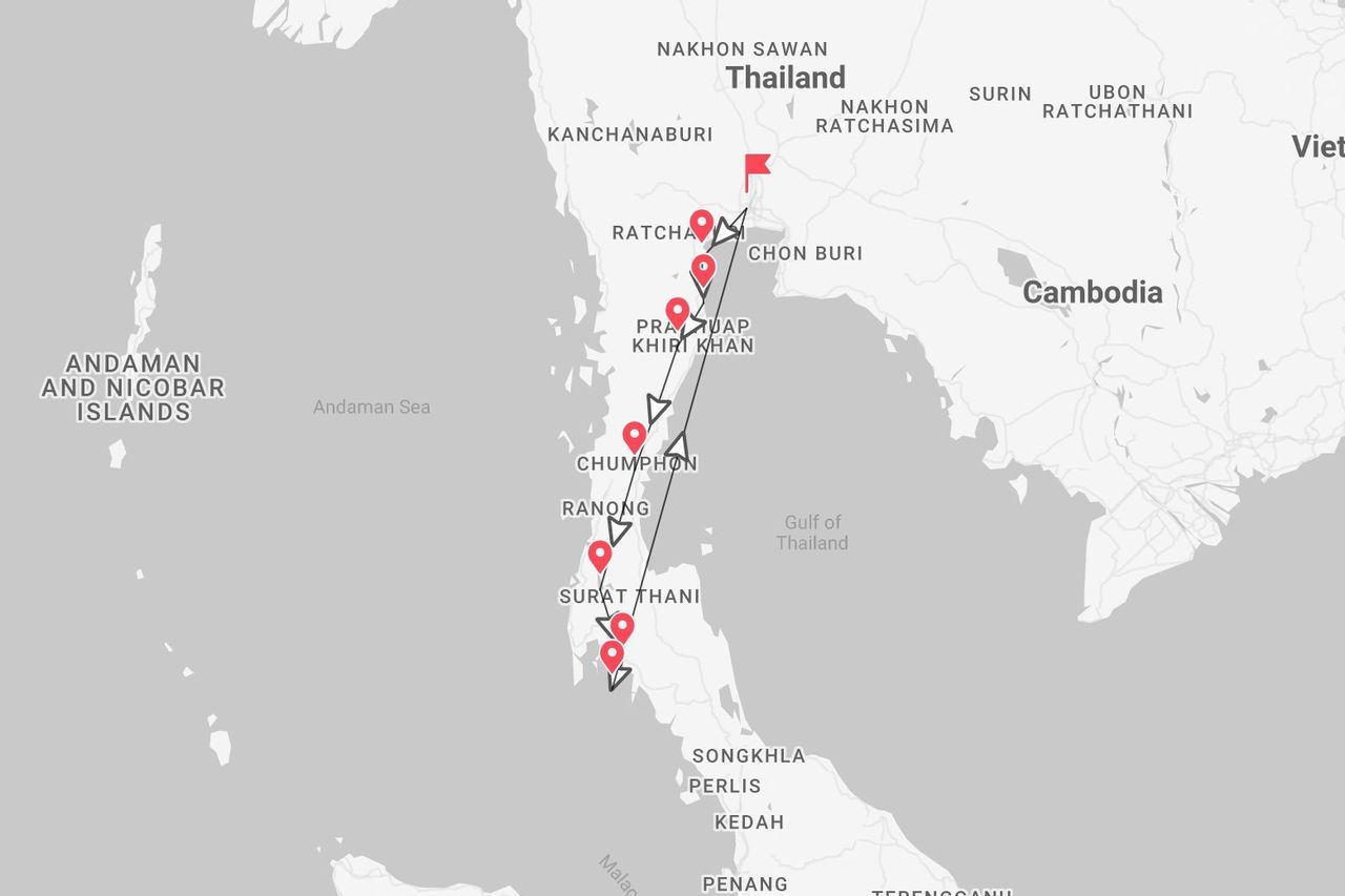 Carte de Thaïlande : itinéraire de voyage du centre vers le sud, via Ratchaburi et Surat Thani.