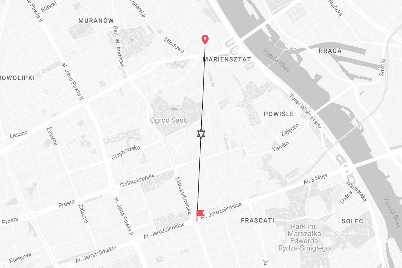 Un mapa de calles de Varsovia que muestra una ruta destacada desde el distrito de Mariensztat hasta Aleje Jerozolimskie, pasando por Ogród Saski.
