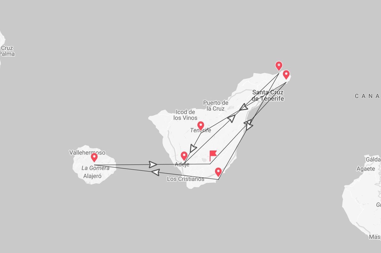 Una mappa che mostra un itinerario di viaggio con tappe nelle Isole Canarie di Tenerife e La Gomera.