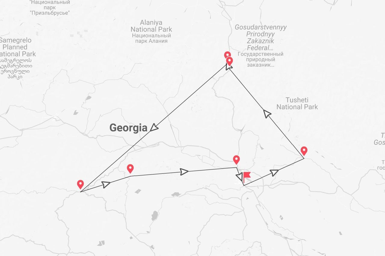 A map of Georgia showing a travel itinerary that passes through several locations, including Tusheti National Park.