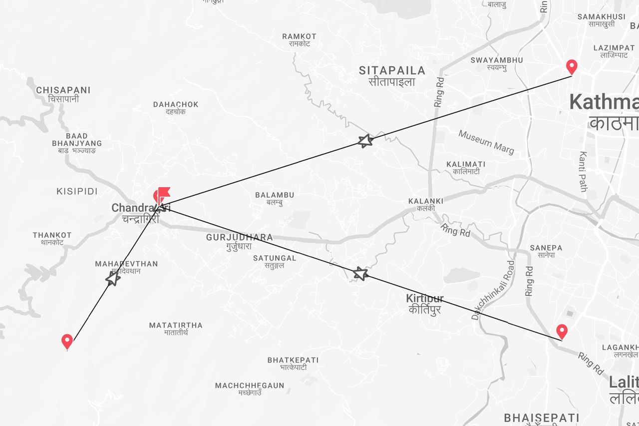 Eine Karte von Kathmandu, Nepal, mit einer eingezeichneten Route und Stopps an Orten wie Chandragiri, Kirtipur und Lalitpur.