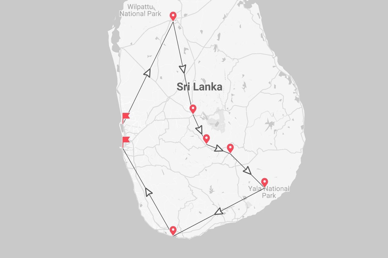 Mapa de itinerario de Sri Lanka, mostrando una ruta que conecta el Parque Nacional Wilpattu con el Parque Nacional Yala y otras ubicaciones.