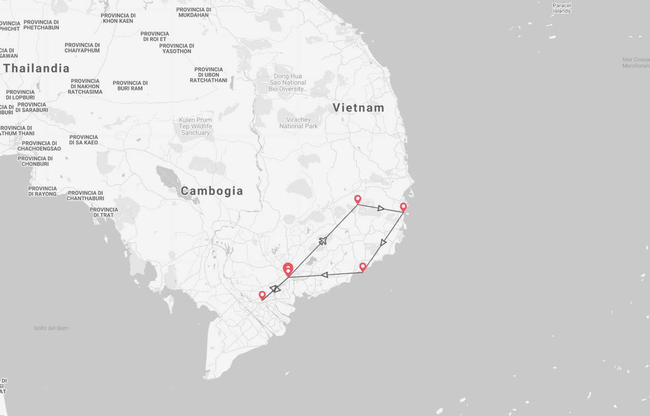 Vietnam: il delta del Mekong e la costa inesplorata map