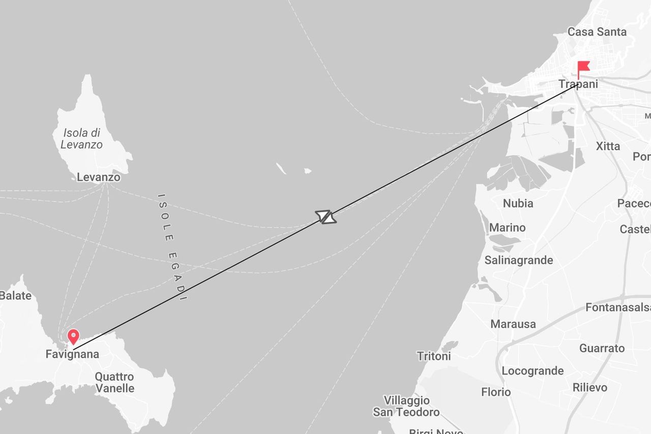 Una mappa che mostra la rotta marittima dall'isola di Favignana alla città di Trapani, parte delle Isole Egadi.