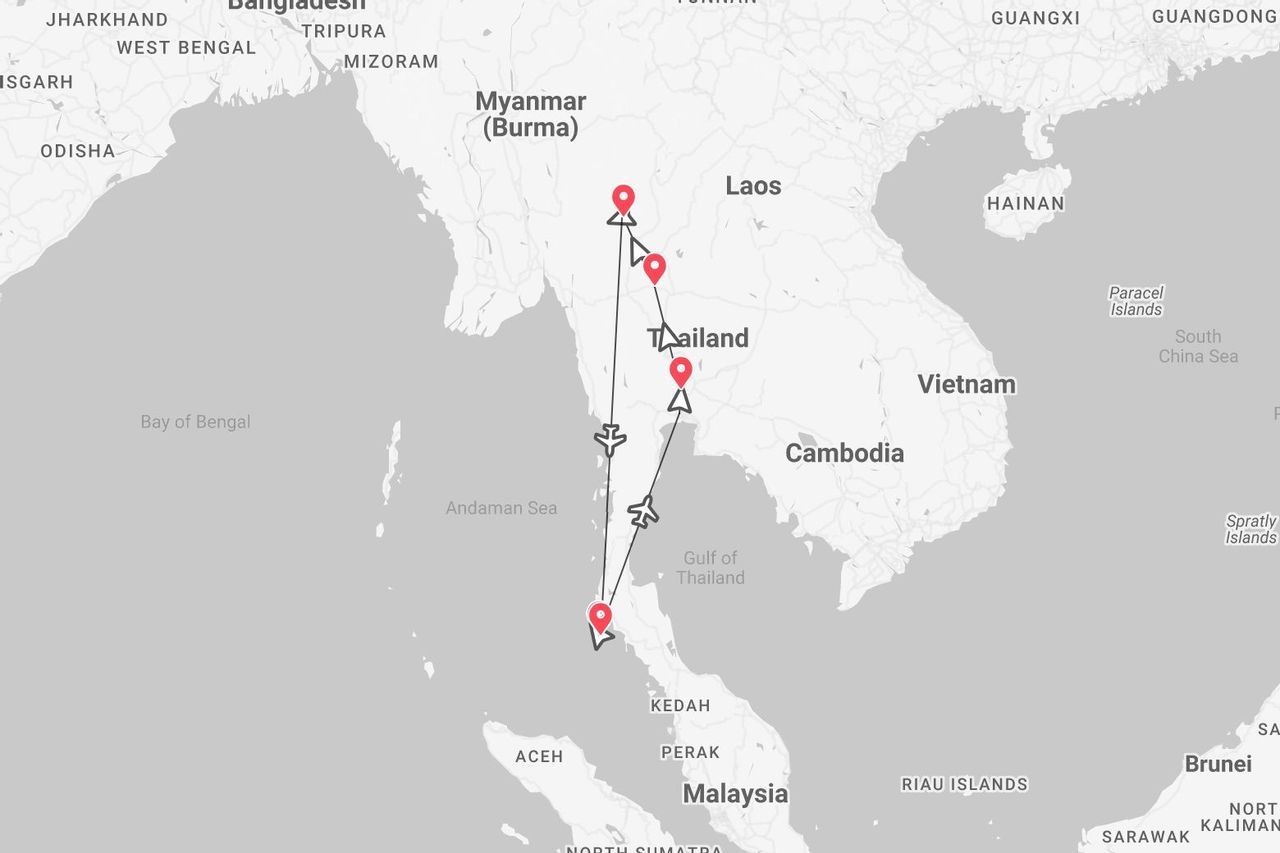 Mappa itinerario di viaggio in Thailandia: dal nord alle isole del sud, con tappe e voli.