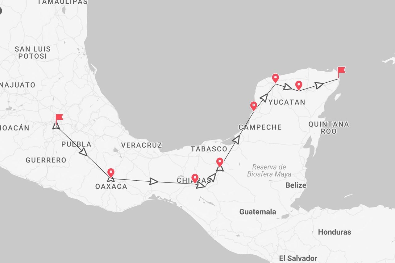 Un mapa mostrando un itinerario de viaje por el sur de México, desde Puebla, pasando por Oaxaca, Chiapas y Campeche, hasta la Península de Yucatán.