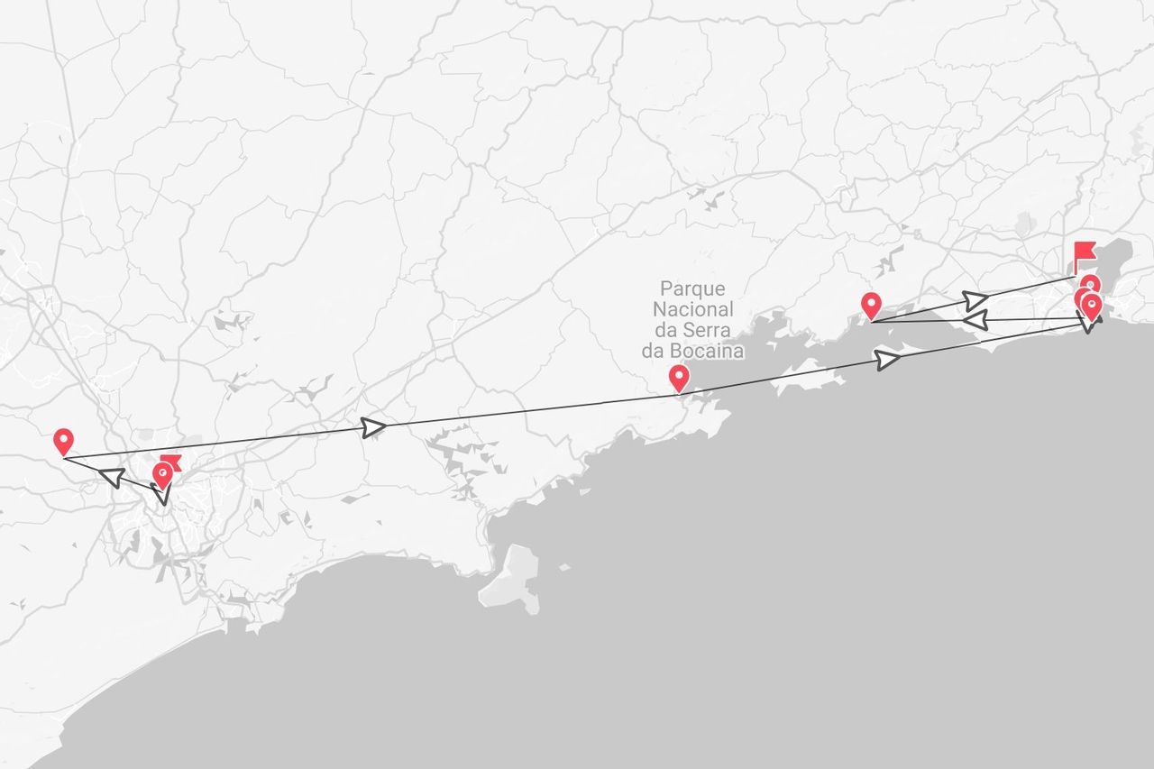 Una mappa stilizzata che raffigura un itinerario di viaggio con segnaposti rossi che indicano le tappe lungo la costa, evidenziando il Parque Nacional da Serra da Bocaina.