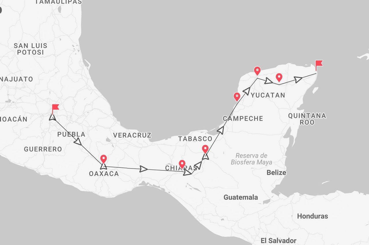 Mappa di un itinerario di viaggio nel Messico meridionale, che attraversa gli stati di Puebla, Oaxaca, Chiapas e la Penisola dello Yucatán.