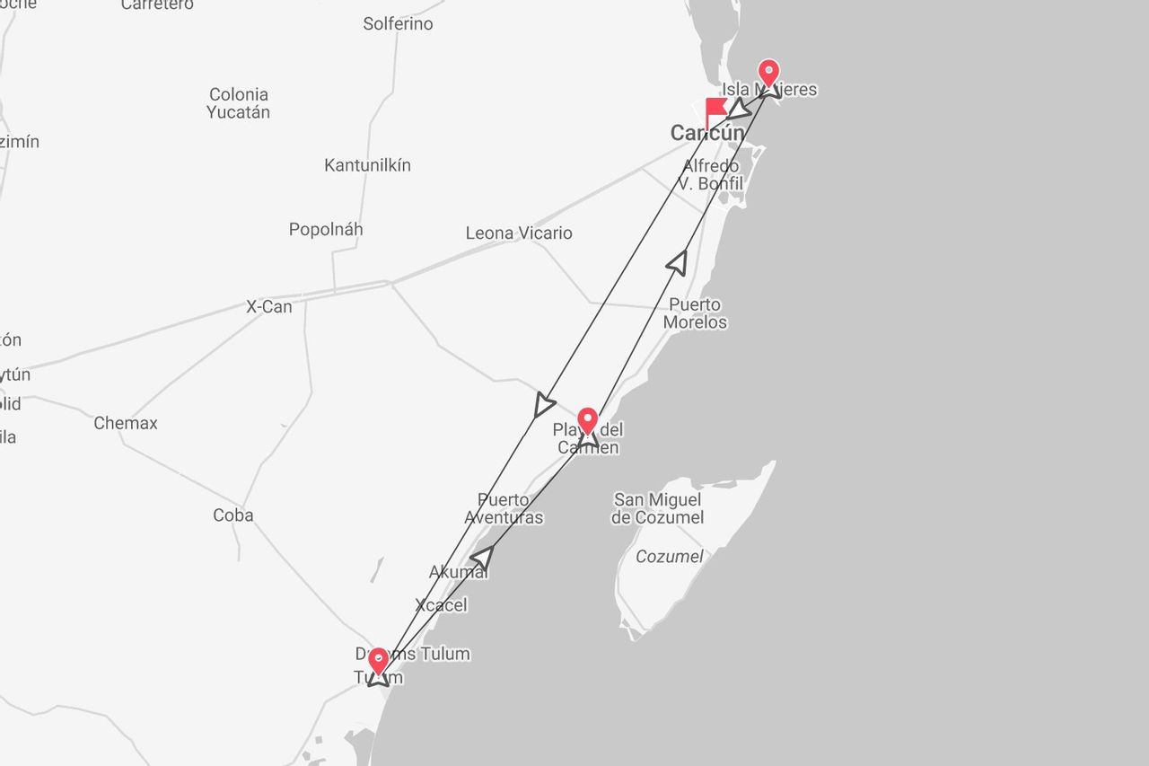 Mappa di un itinerario di viaggio in Messico, che collega Tulum, Playa del Carmen, Cancún e Isla Mujeres.