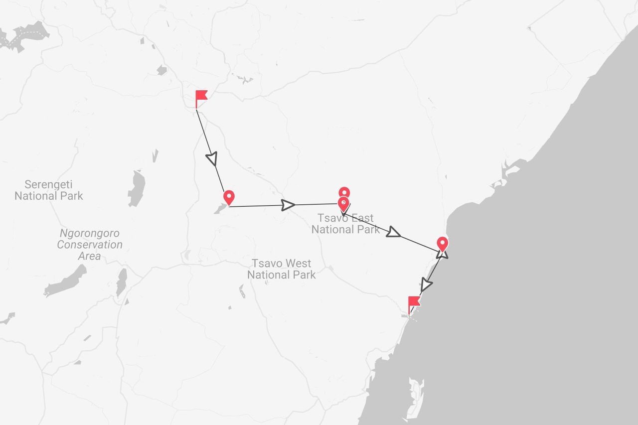A map of a travel itinerary in East Africa, with a route passing through Tsavo East National Park and near Serengeti National Park.