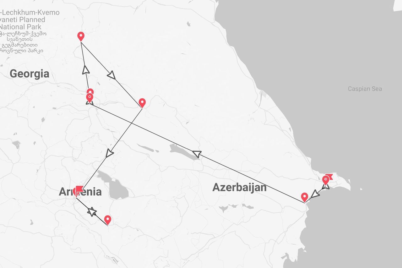 Mappa di un itinerario di viaggio con tappe e percorsi in Georgia, Armenia e Azerbaigian.