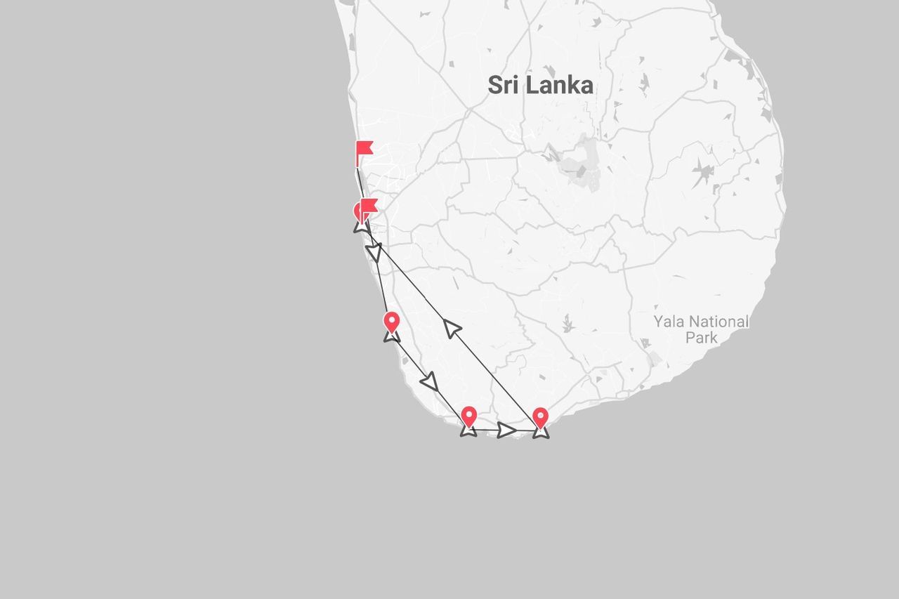 Una mappa dello Sri Lanka che mostra un itinerario di viaggio lungo la costa sud-occidentale, passando per il Parco Nazionale di Yala.
