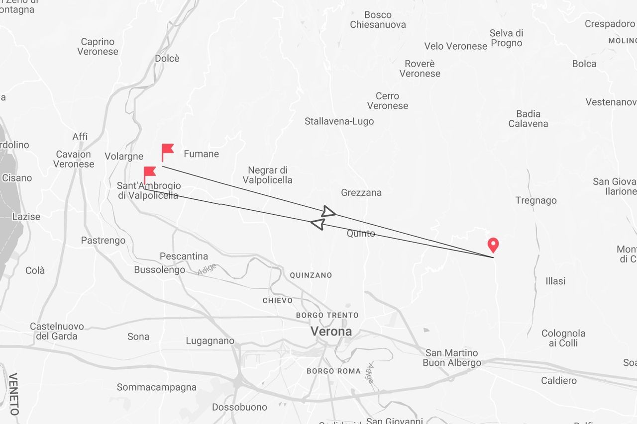 Mappa di un itinerario in Valpolicella, vicino a Verona, con tappe a Sant'Ambrogio di Valpolicella e Fumane.