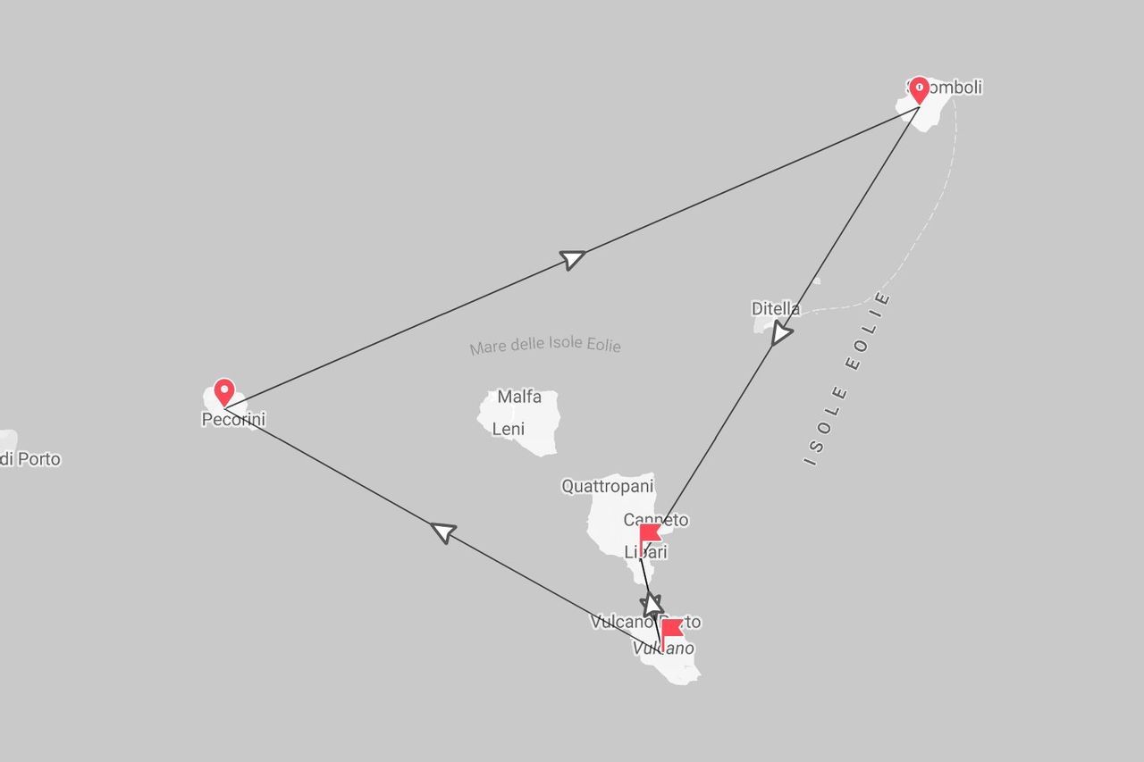 Una mappa delle Isole Eolie che mostra un itinerario di viaggio tra Stromboli, Pecorini, Lipari e Vulcano.