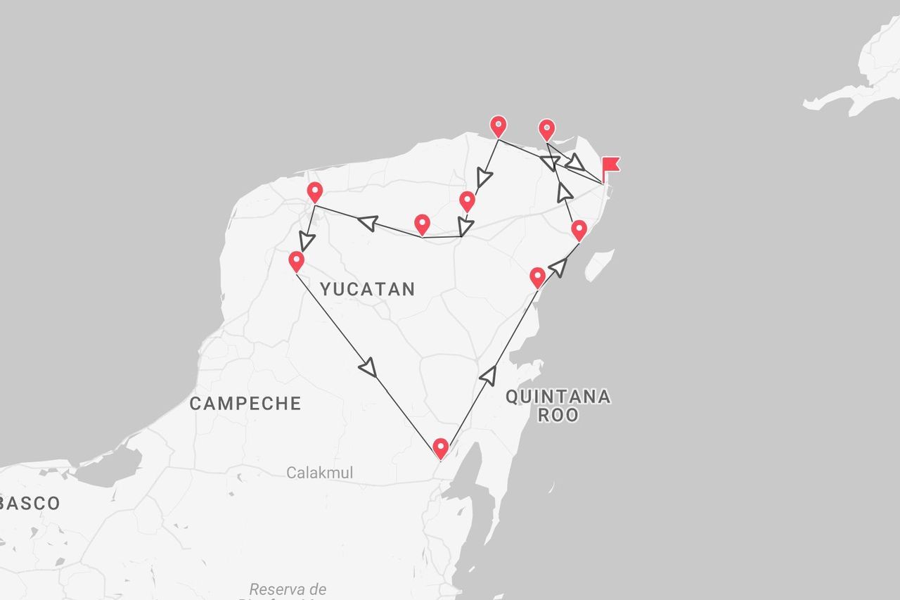 A tour itinerary map of Mexico's Yucatan Peninsula, covering the states of Yucatan, Campeche, and Quintana Roo with marked stops.