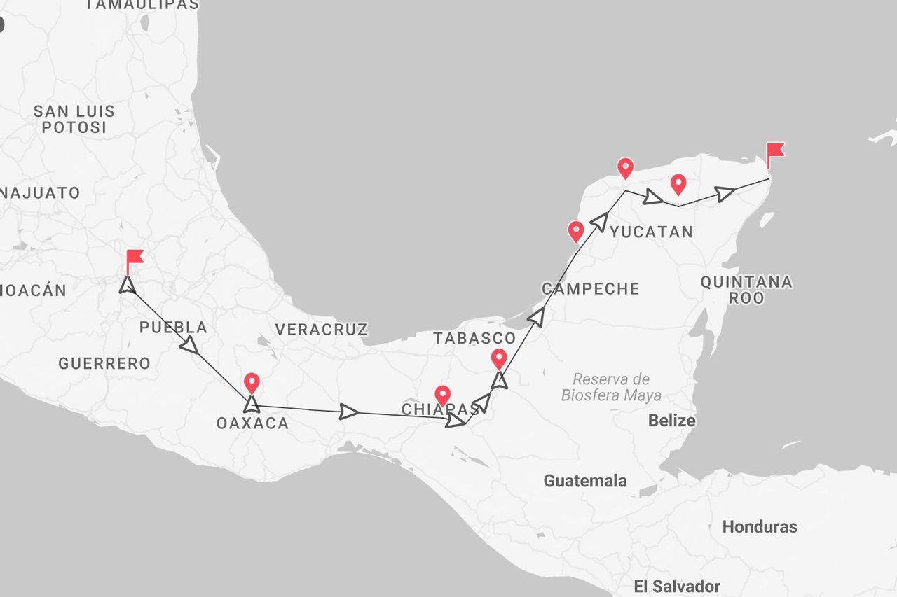 A map showing a travel itinerary across southern Mexico, passing through states like Oaxaca, Chiapas, and the Yucatan Peninsula.