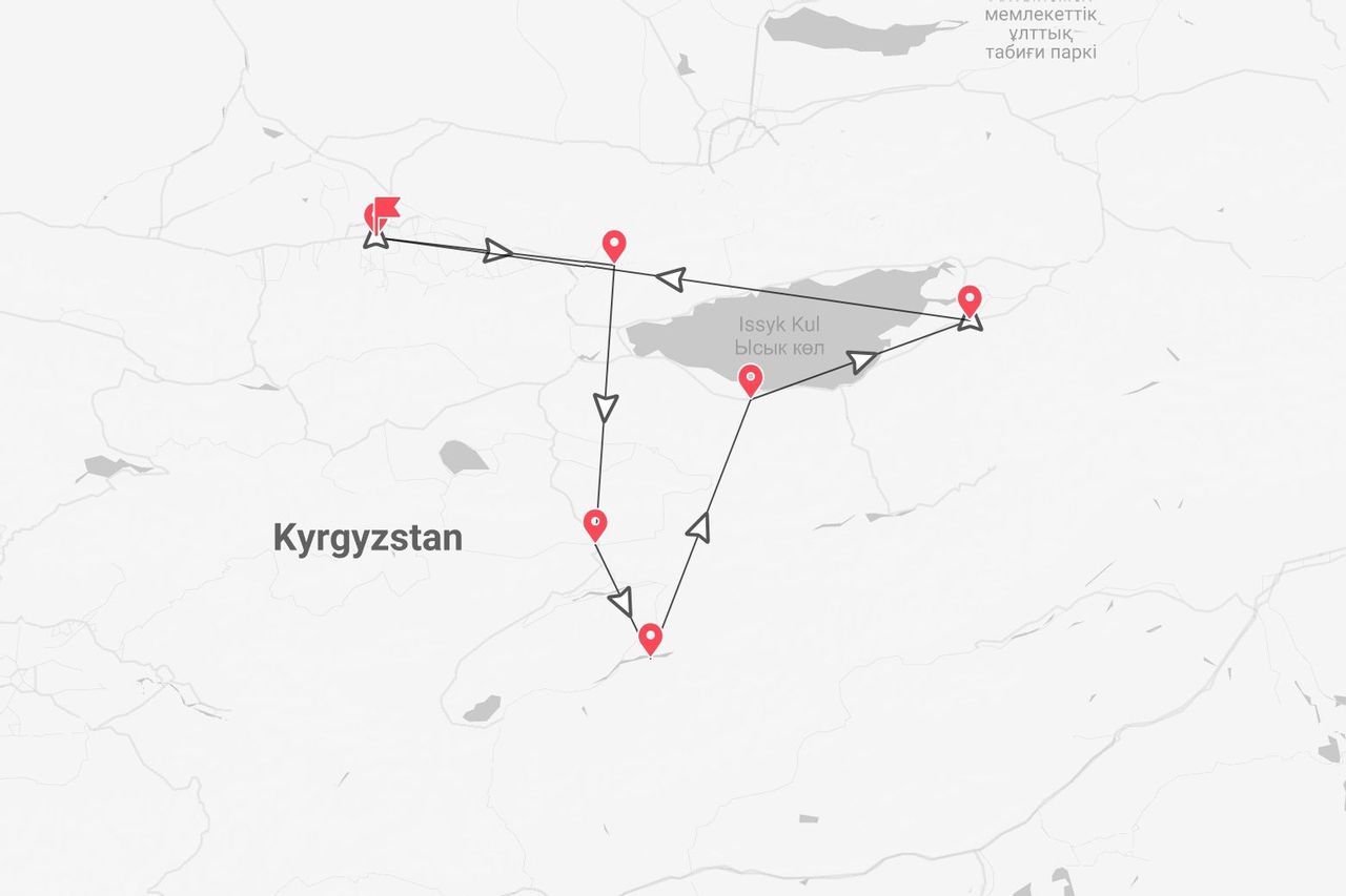 Eine Karte von Kirgisistan mit einer Reiseroute um den Yssyk-Köl-See und Standort-Pins.
