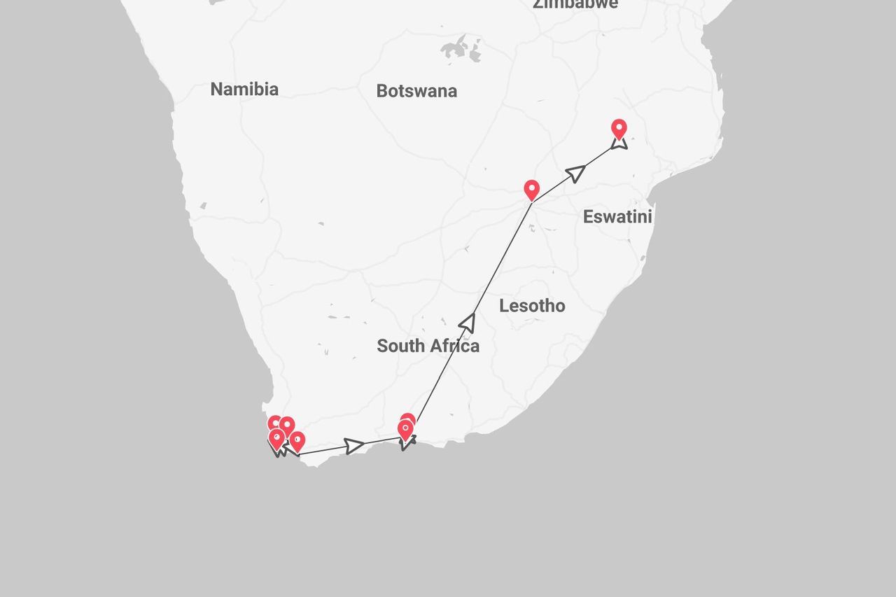 Un mapa de África del Sur mostrando una ruta de viaje con alfileres rojos, comenzando en la costa de Sudáfrica y dirigiéndose al noreste hacia Zimbabue.