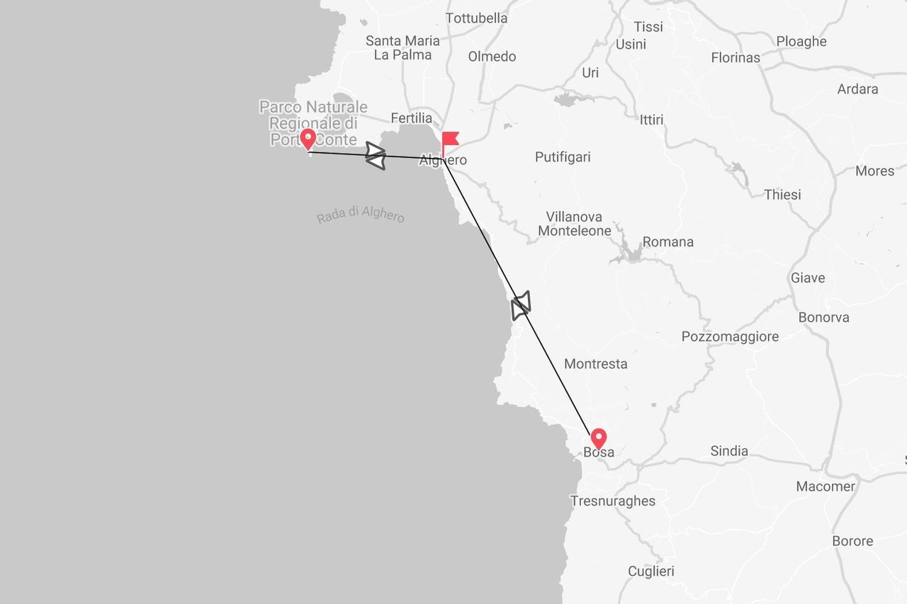 Una mappa di un itinerario costiero in Sardegna, che mostra il percorso da Alghero a Bosa.