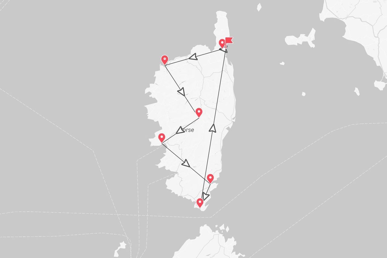 Mappa dell'itinerario di viaggio in Corsica, con puntine rosse e linee di percorso.
