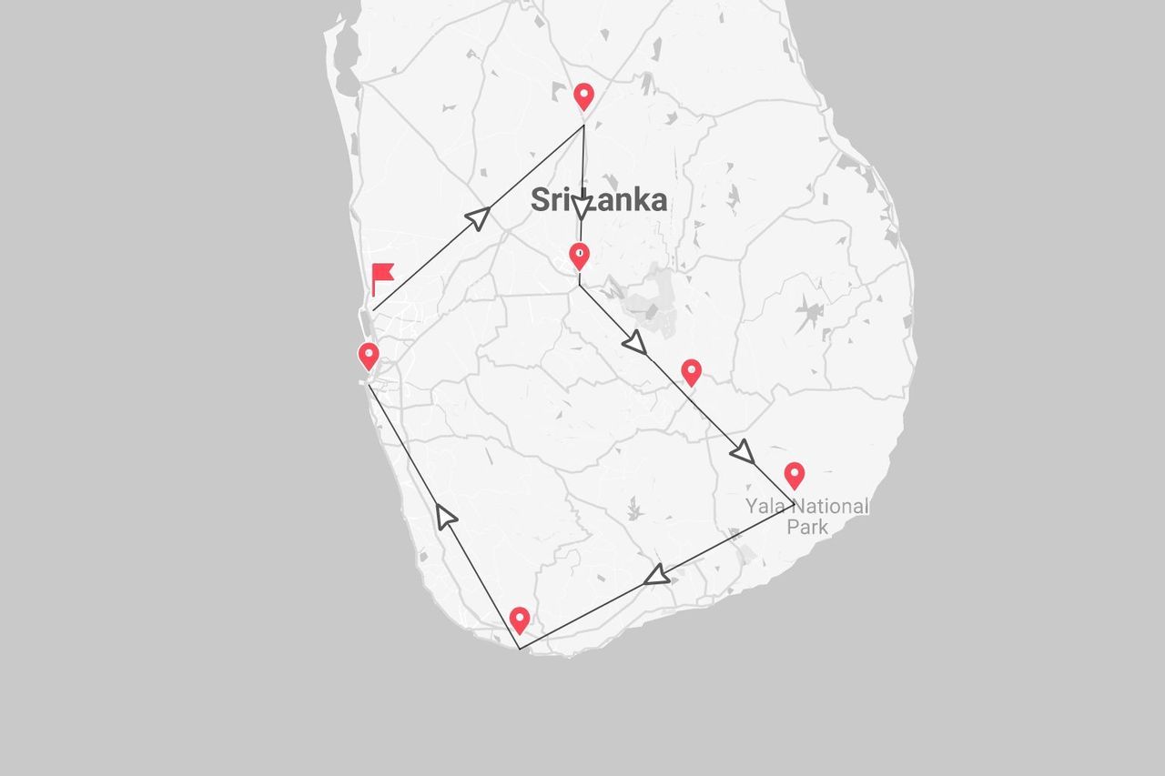 Mappa di un tour in Sri Lanka, con tappe e percorso, incluso il Parco Nazionale di Yala.