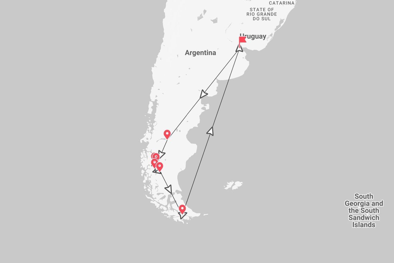 Una mappa che mostra un itinerario di viaggio attraverso Argentina e Uruguay, con segnaposto rossi che evidenziano il percorso in Patagonia.