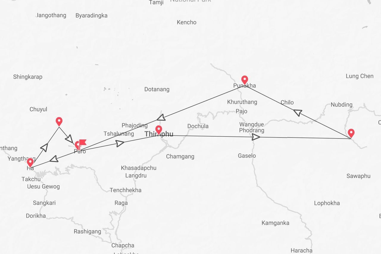 Una mappa di un itinerario di viaggio in Bhutan che mostra un percorso che collega Paro, Thimphu e Punakha, con segnaposto rossi.