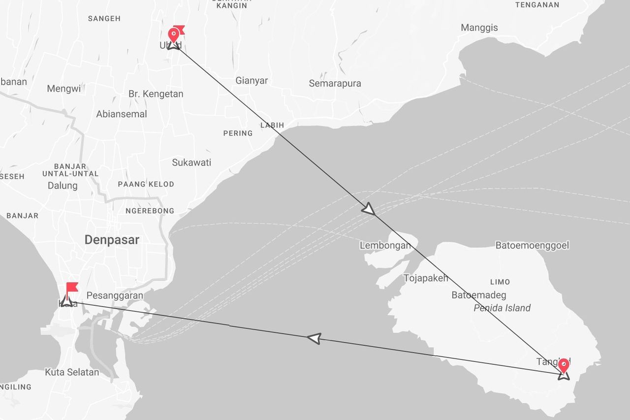 Una mappa in scala di grigi di Bali che mostra un itinerario di viaggio con indicatori di posizione a Ubud, vicino a Denpasar, e sull'isola di Penida.