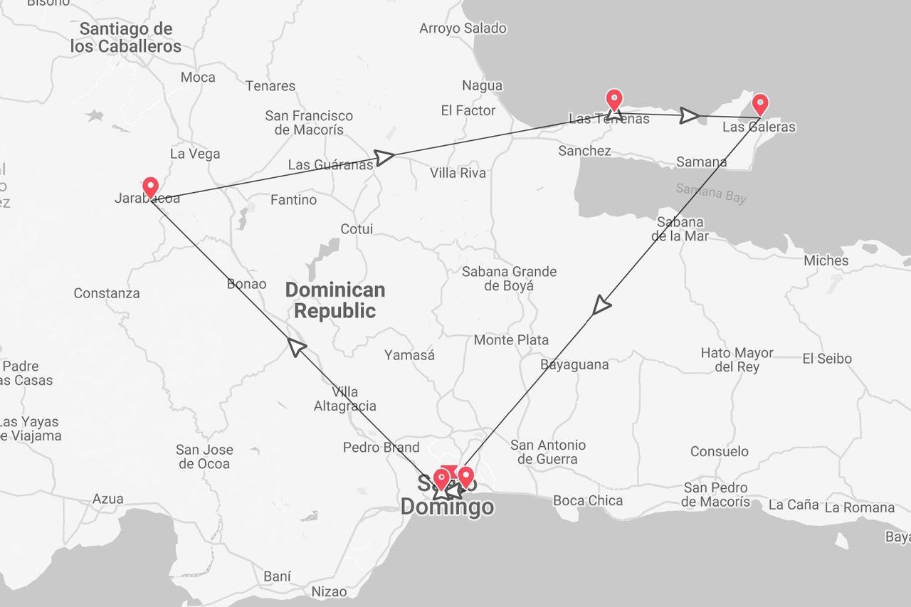 Mapa de ruta por República Dominicana: Santo Domingo, Jarabacoa, Las Terrenas y Las Galeras.