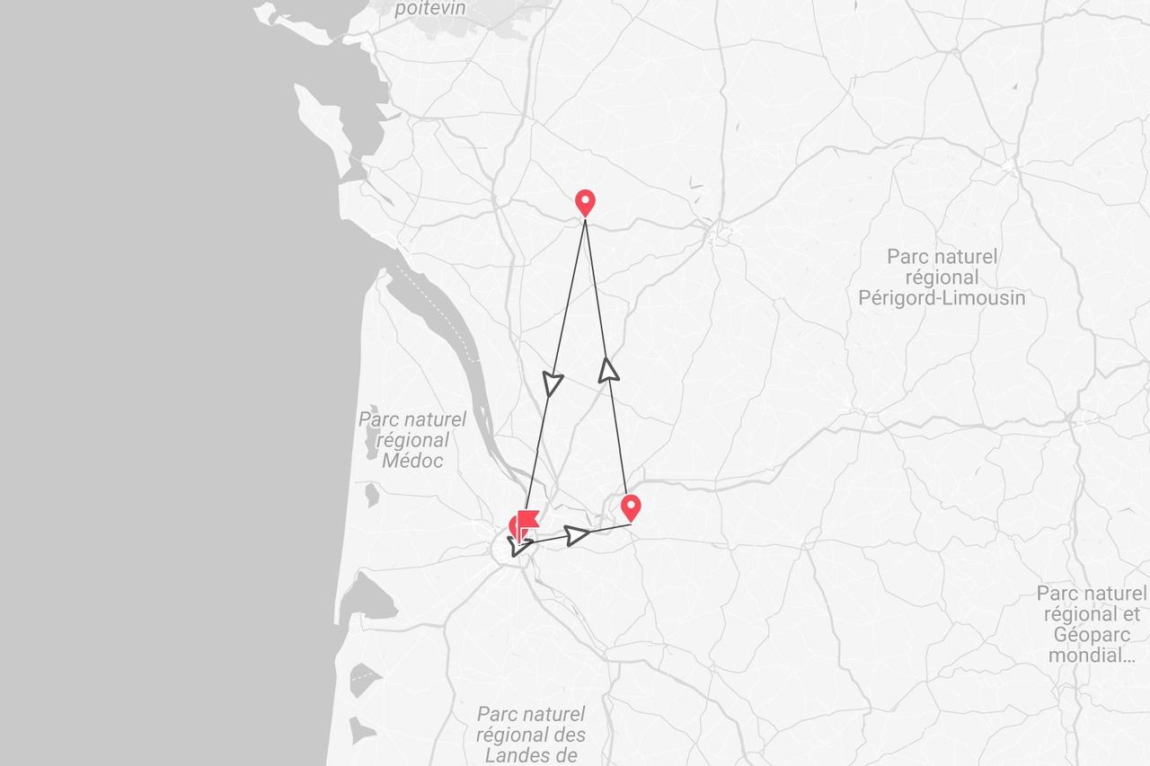 Un mapa que muestra una ruta de viaje triangular a través de los parques regionales de Médoc y Périgord-Limousin en el suroeste de Francia.