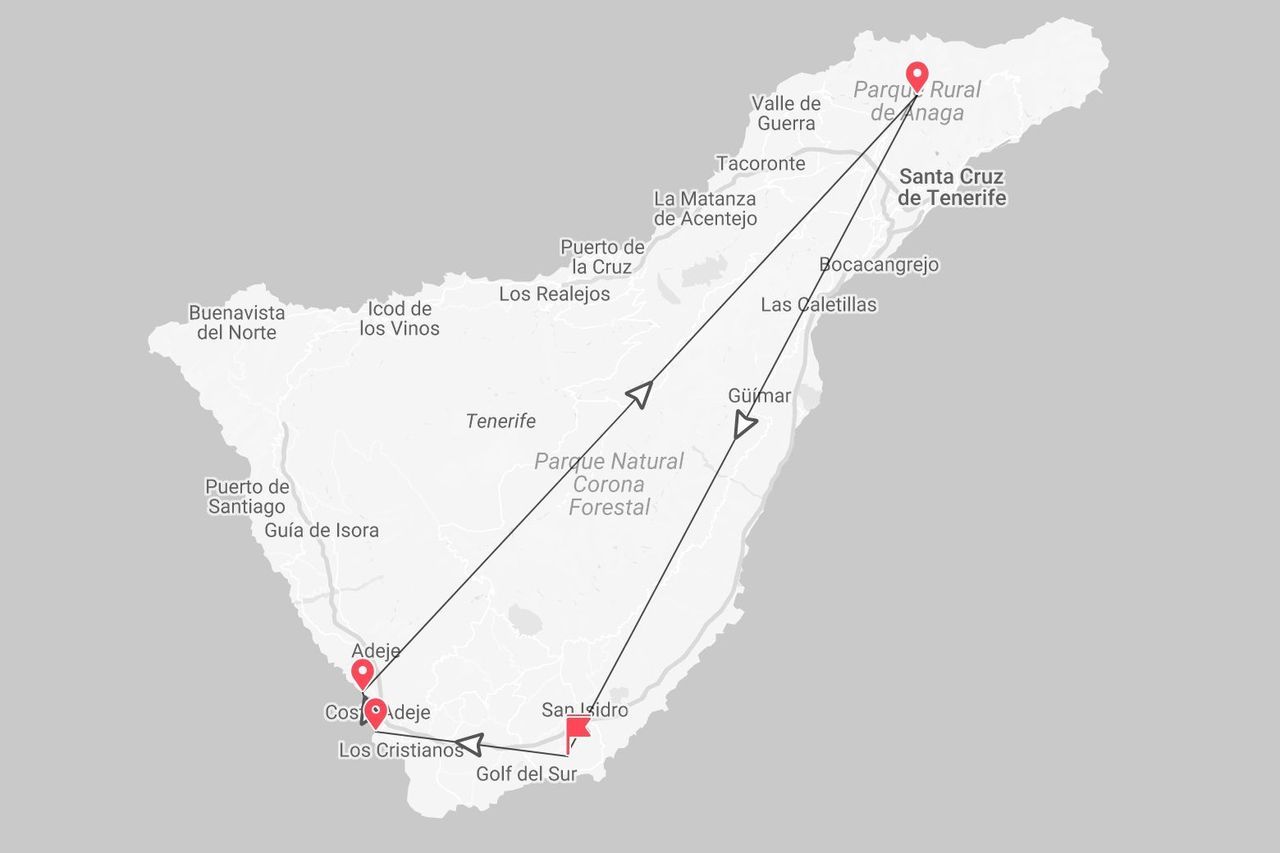 Mappa di Tenerife con itinerario che collega Costa Adeje, Parque Natural Corona Forestal e Parque Rural de Anaga.