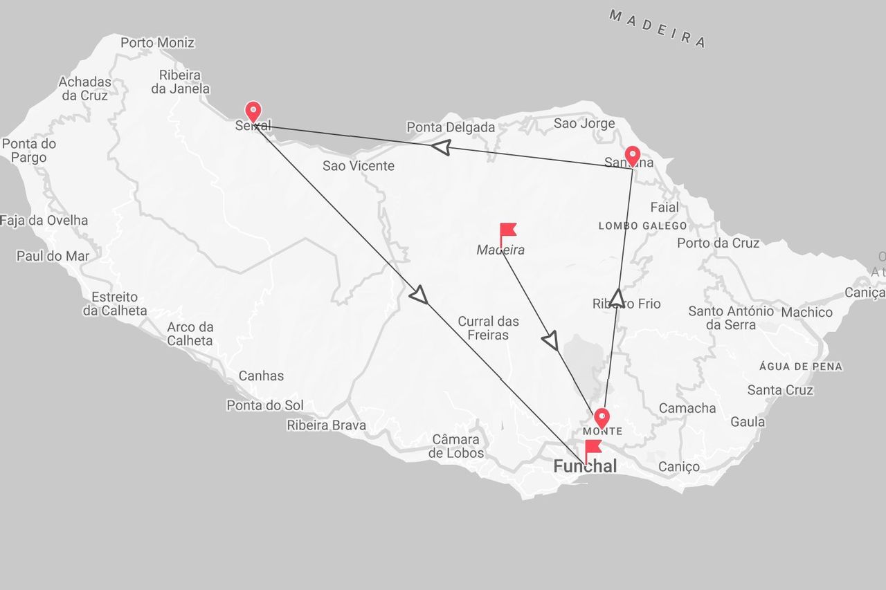 Una mappa di Madeira che mostra un itinerario di viaggio che collega Funchal, Monte, Ribeiro Frio, Santana e Seixal.