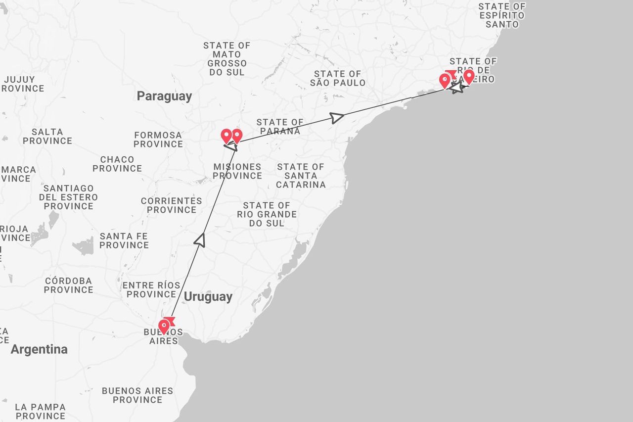 Una mappa che mostra un itinerario di viaggio da Buenos Aires, Argentina, attraverso la Provincia di Misiones, fino a Rio de Janeiro, Brasile.