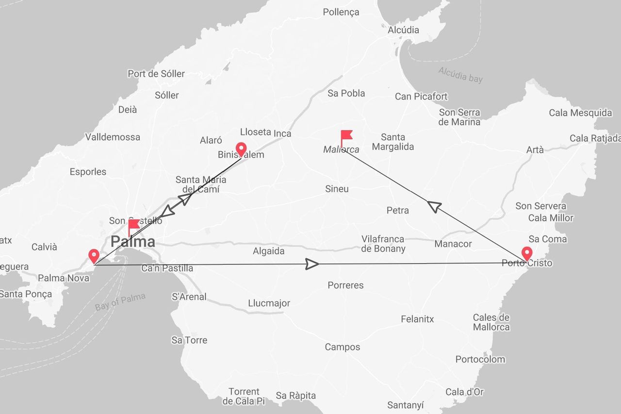 Eine Karte, die eine Reiseroute über die Insel Mallorca mit wichtigen Stationen wie Palma, Binissalem und Porto Cristo zeigt.