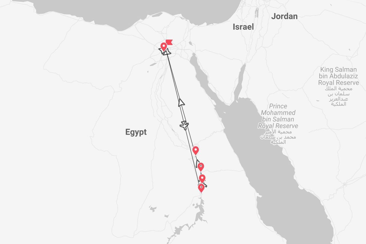 A map showing a travel itinerary through Egypt, with a route marked by airplane icons and pins, starting in the north and heading south along the Red Sea.