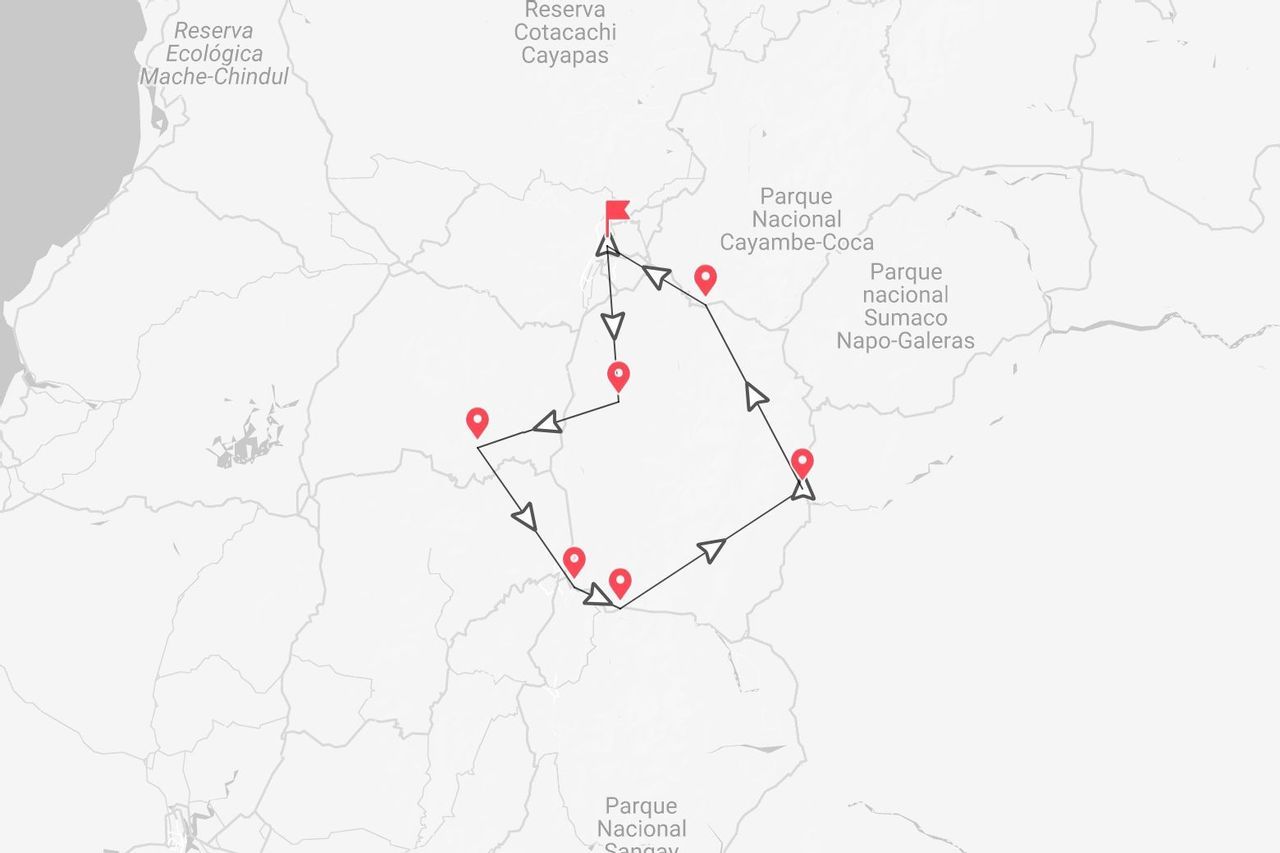 A map showing a tour itinerary through national parks in Ecuador, such as Cayambe-Coca and Sumaco Napo-Galeras.